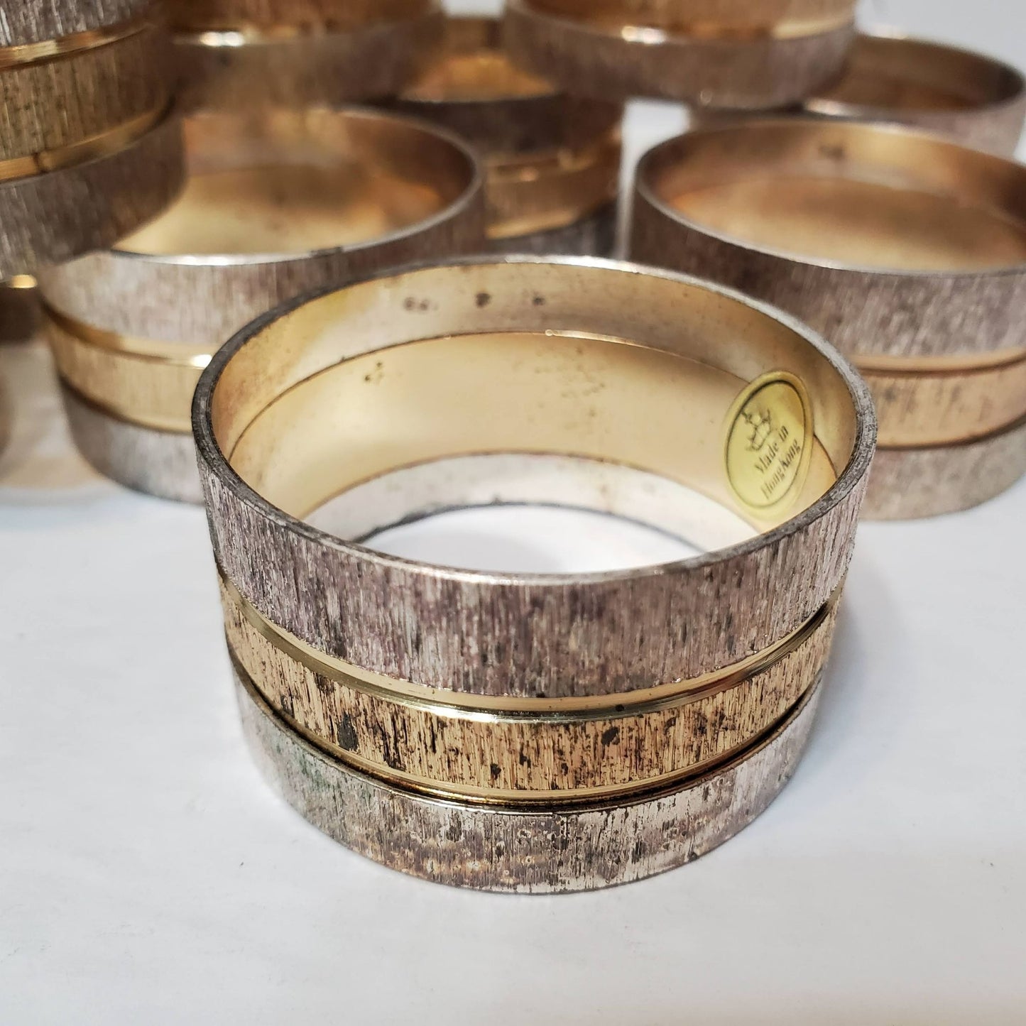 Vintage Chrome and Gold Tone Napkin Rings, Set of 12, Silver Textured Striped