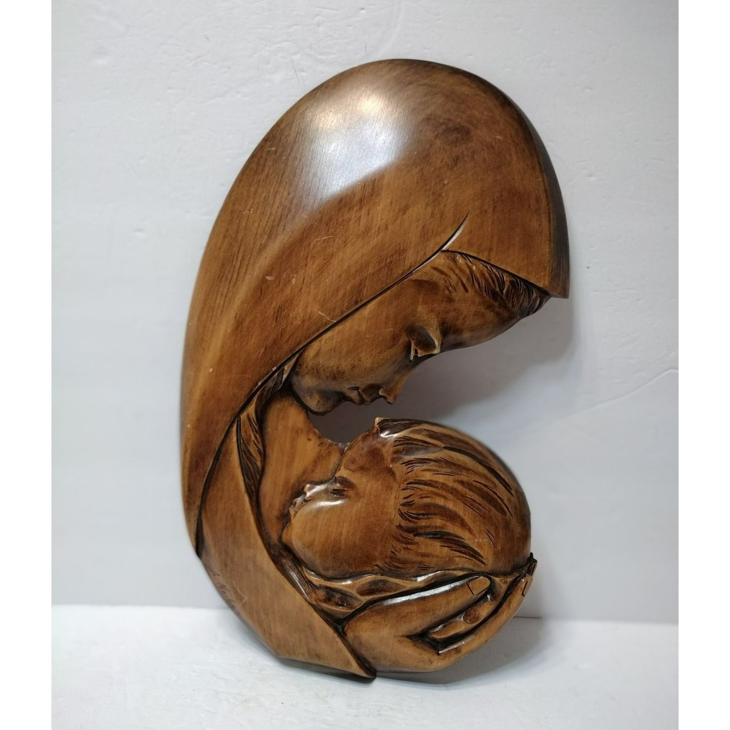 Wood Carving of Mother and Child, Artist Signed, Albert Nadeau, Vintage Handmade Canada